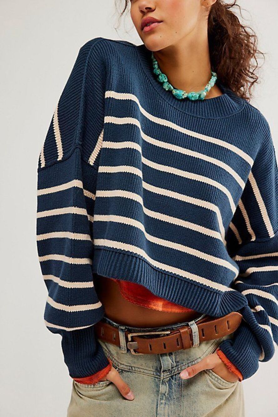 Free People Striped Easy Street Cropped Sweater in Navy Blue Large